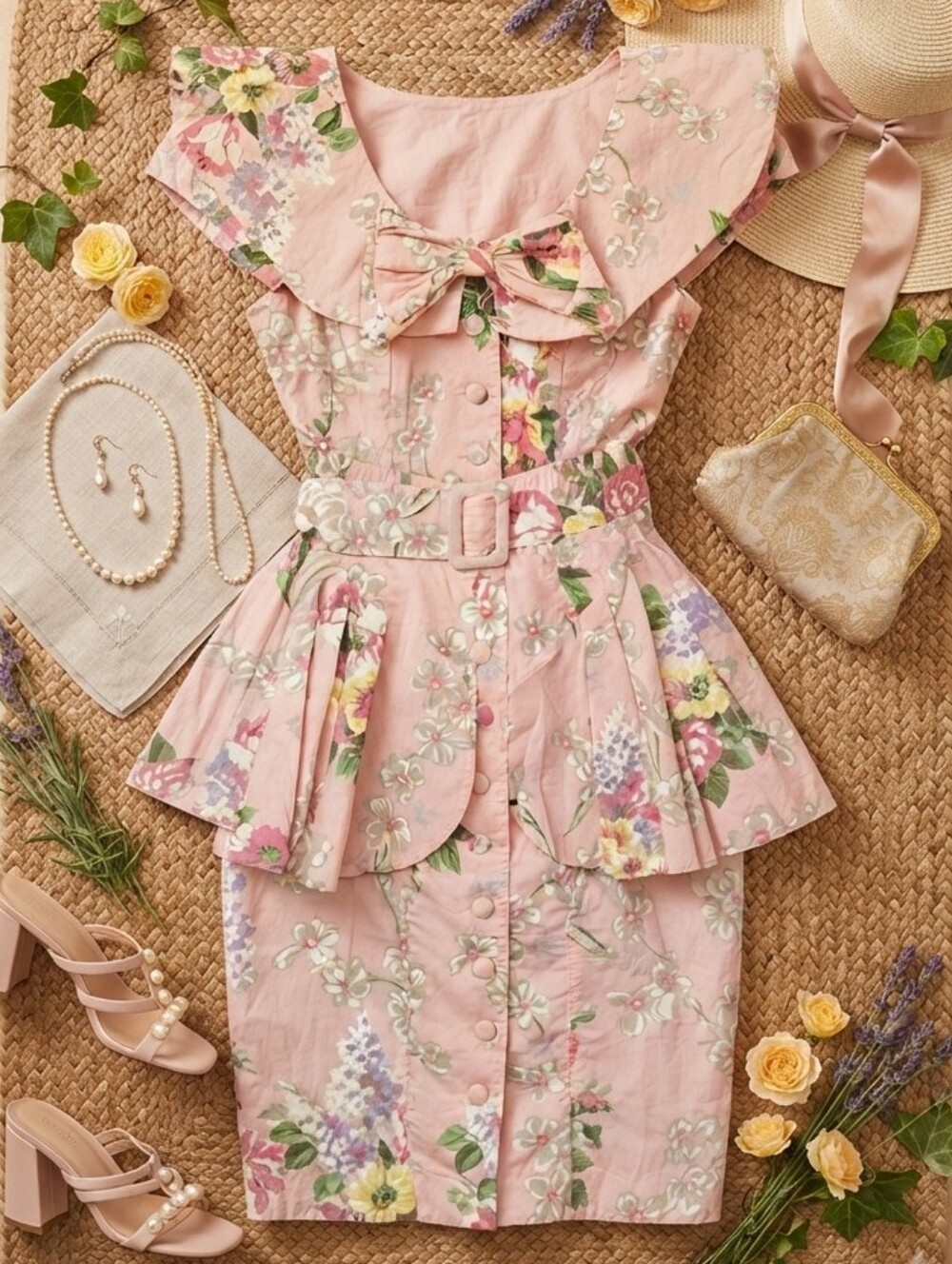 Vintage 80s 90s Melissa Harper Pink Floral Belted Hourglass Peplum Dress
